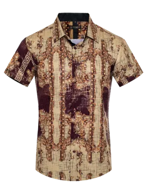 Beige Men's Multi Color Summer Short Sleeve Shirt Greek Key Style No: FLS-2588