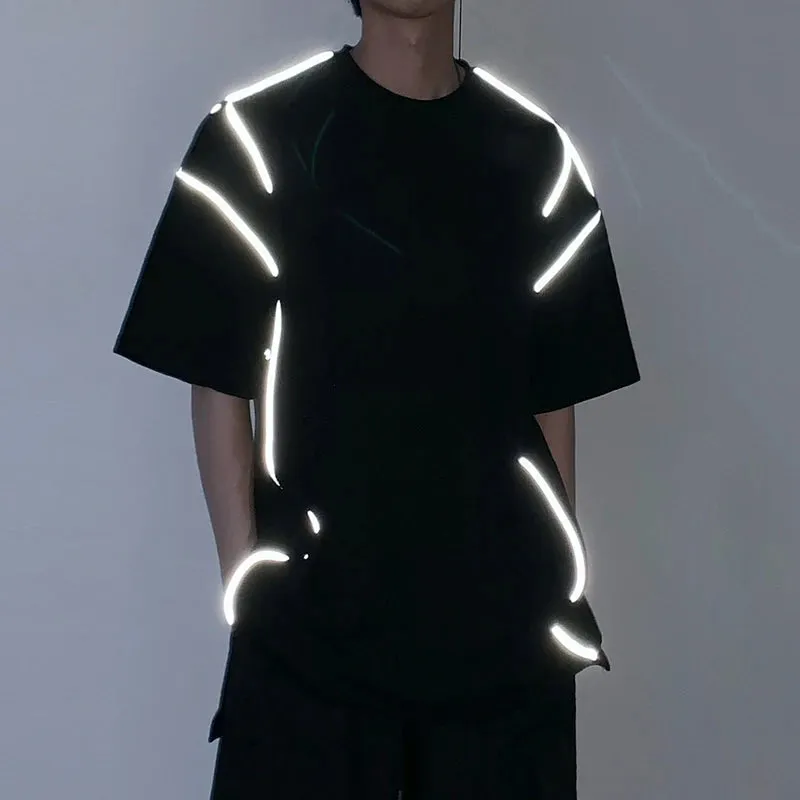 Men's T-shirt Wear Reflective Short-sleeved Fashion Cotton Clothes Black White Loose Fit Tops Round Neck 9Y2228
