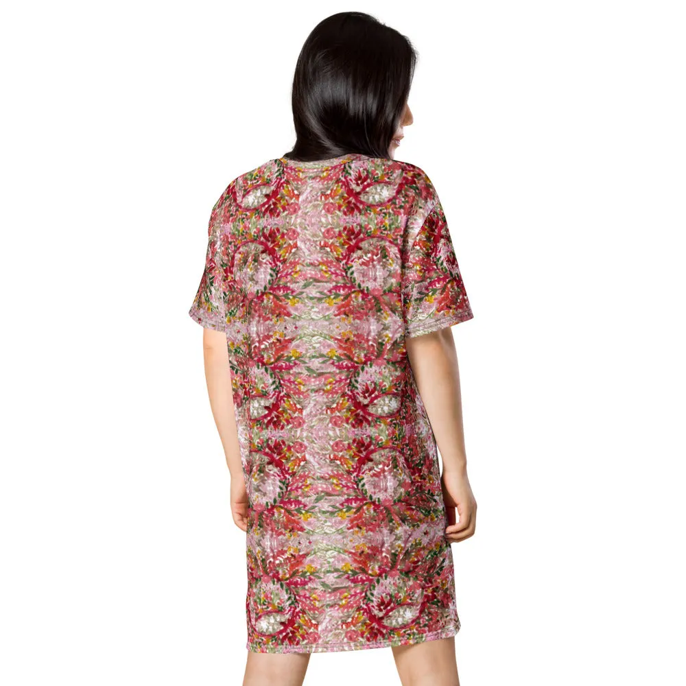 Red Flower T-shirt Dress, Circular Watercolor Fall Style Women's Oversized Short Sleeves Dress
