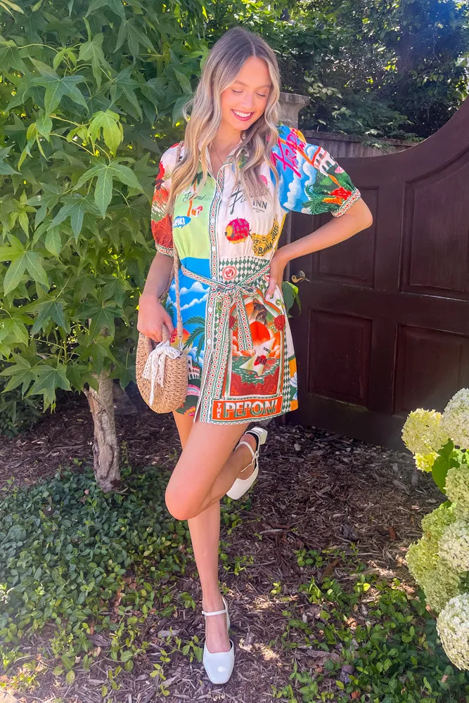 Resort Print Bubble Sleeve Button Down Shirt Dress-Multi