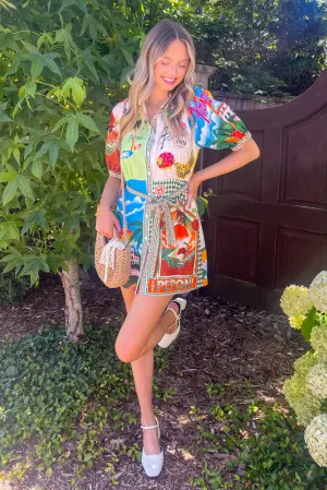 Resort Print Bubble Sleeve Button Down Shirt Dress-Multi