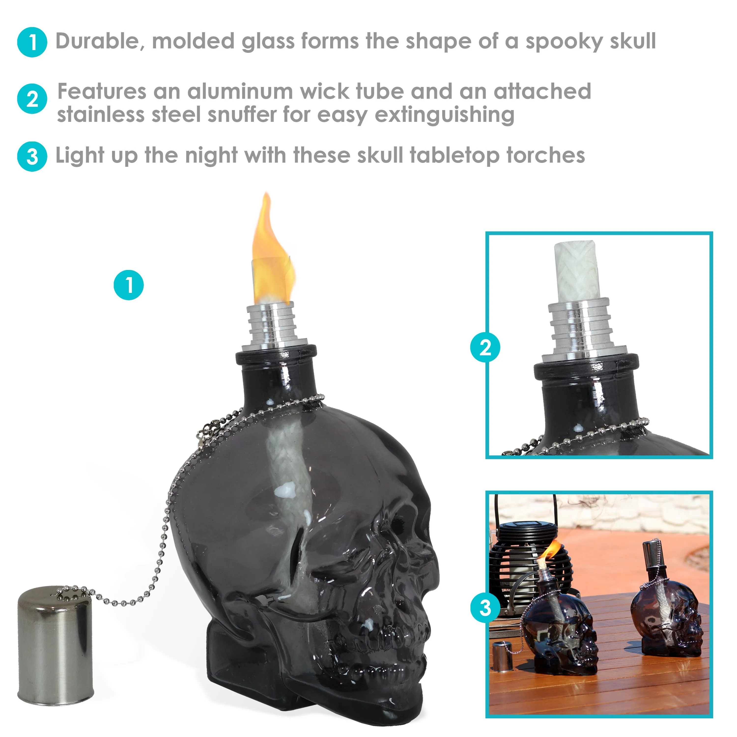 Sunnydaze Grinning Skull Glass Tabletop Torches