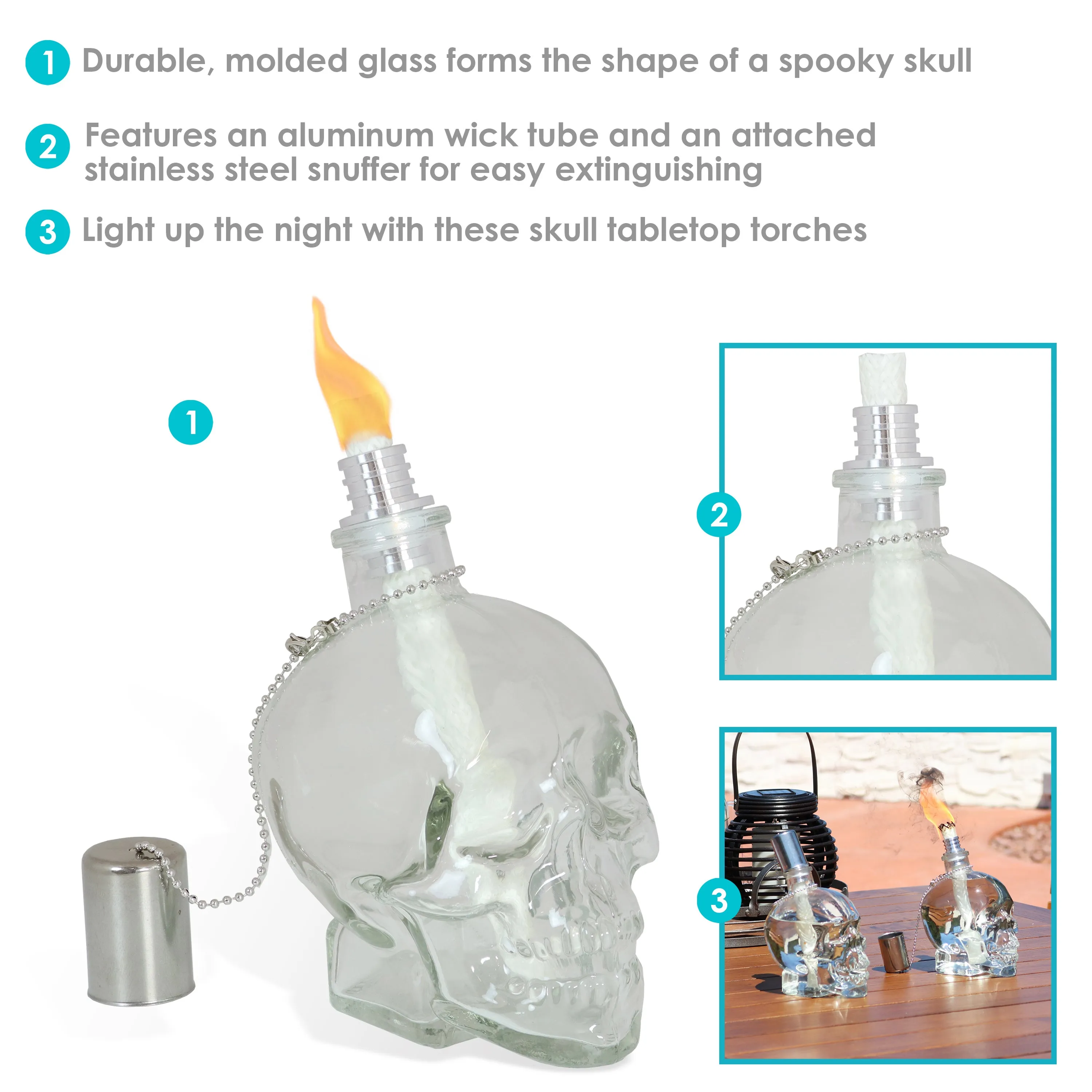 Sunnydaze Grinning Skull Glass Tabletop Torches