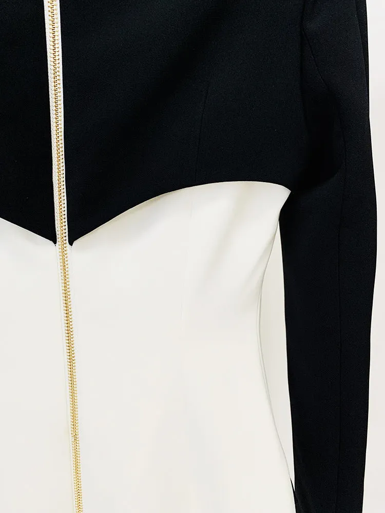 Women Mini Bodycon Dress Black White Collared and Golden Buttons